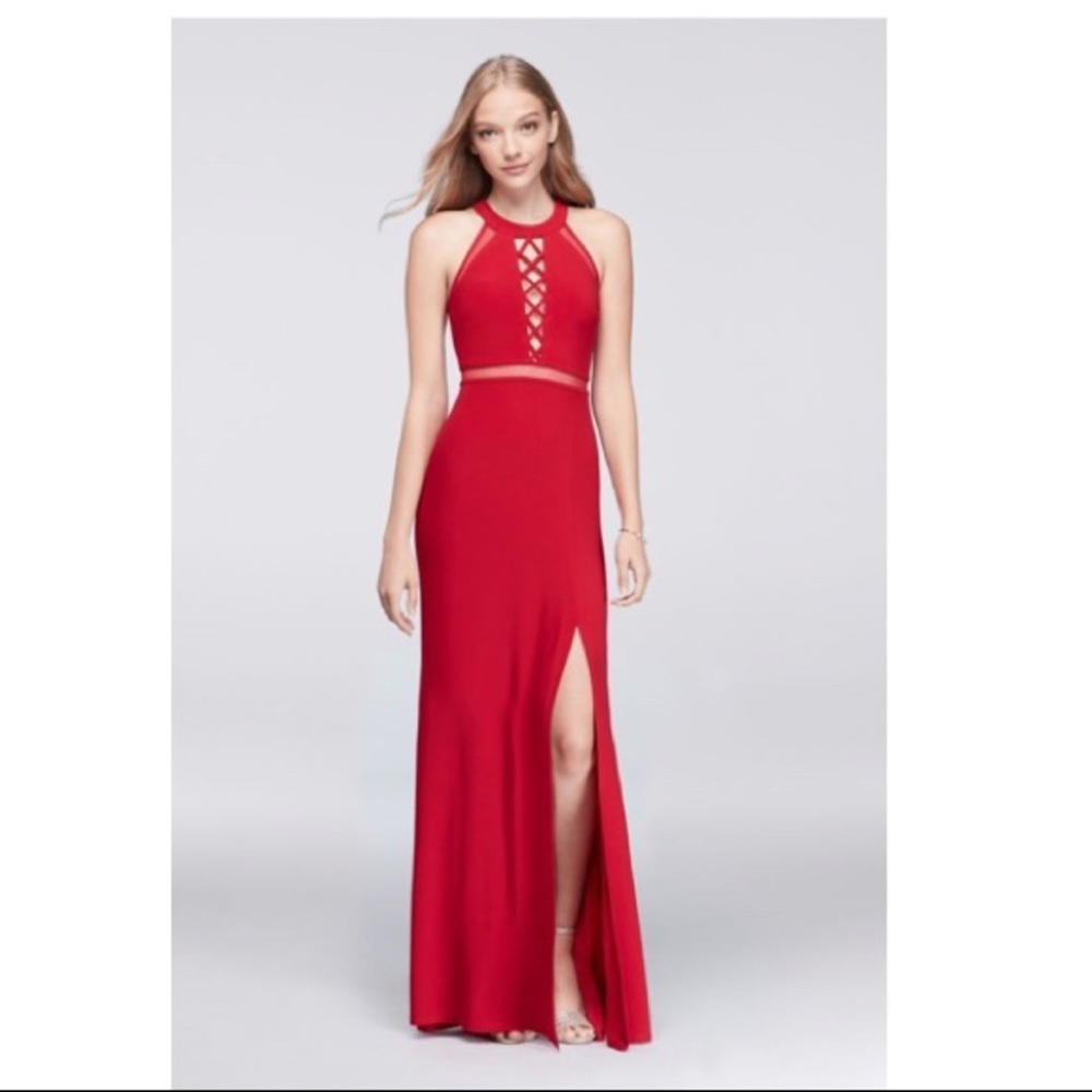 crisscross keyhole long dress w/ illusion insets
